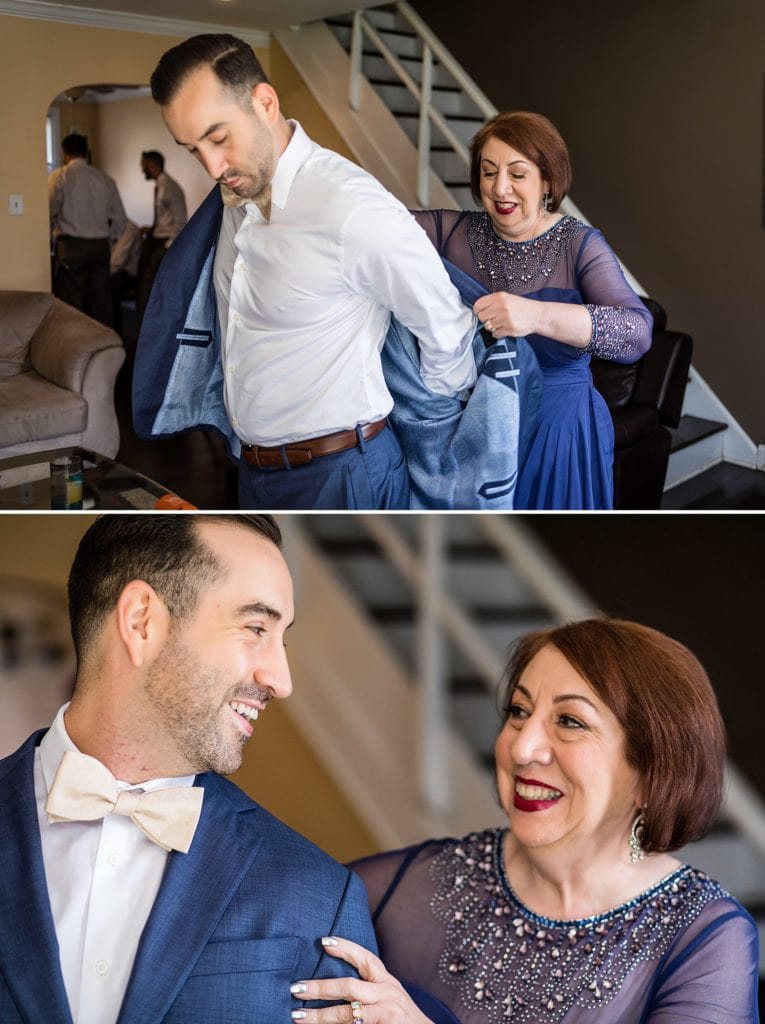 Mother of the groom helps him into his custom Enzo suit before his Huntingdon Valley Country Club wedding