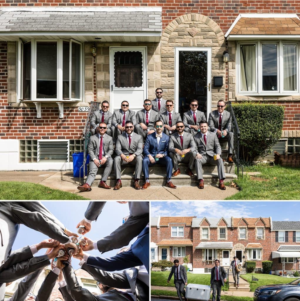 Groom & his groomsmen pose together and have a beer toast before getting on the trolley to go to his Huntingdon Valley Country Club wedding