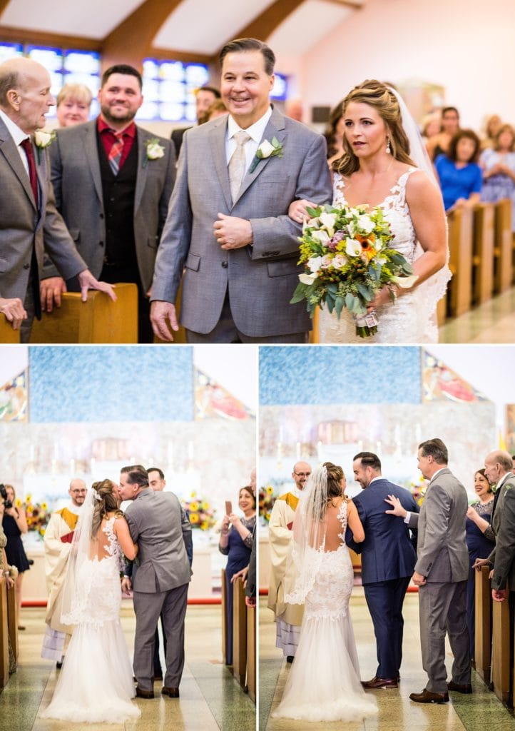 Groom smiles as a teary eyed bride is walked down the aisle by her beaming father