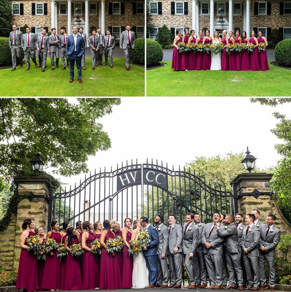 Bride & groom and their wedding party posing in front of the house and the gate at Huntingdon Valley Country Club