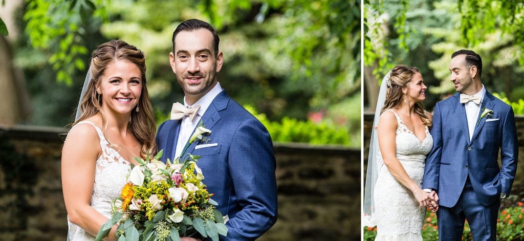 Bride & groom smile at each other during their wedding photos at their Huntingdon Valley Country Club wedding