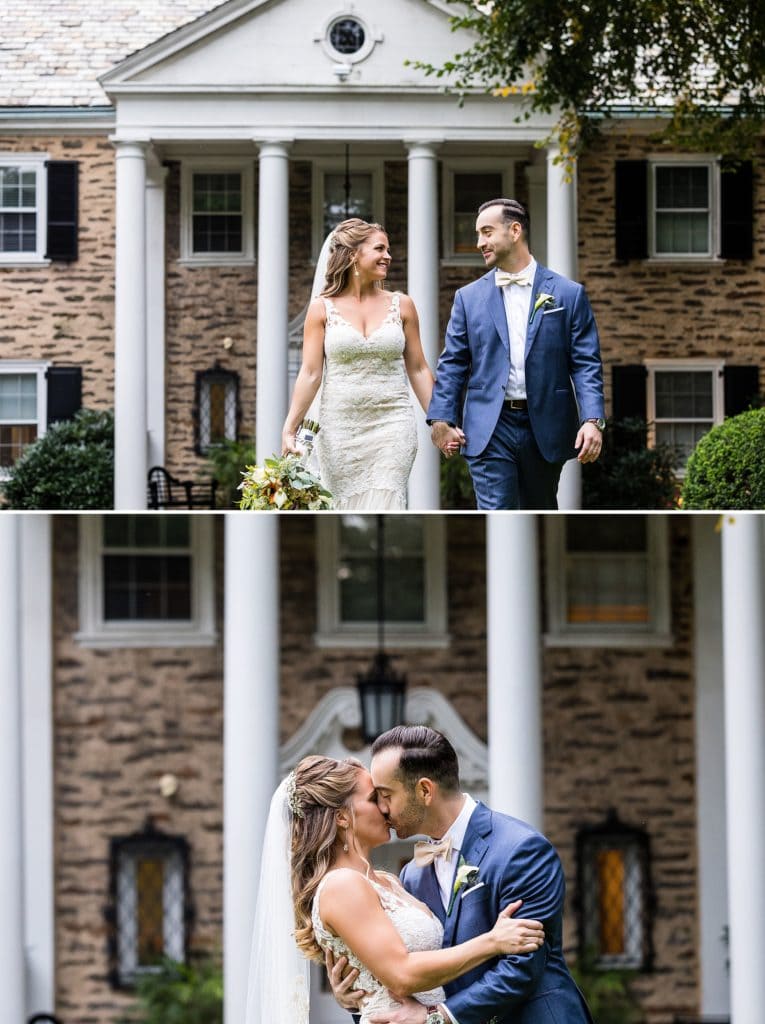 Bride & groom walk hand in hand and embrace at their Huntingdon Valley Country Club wedding