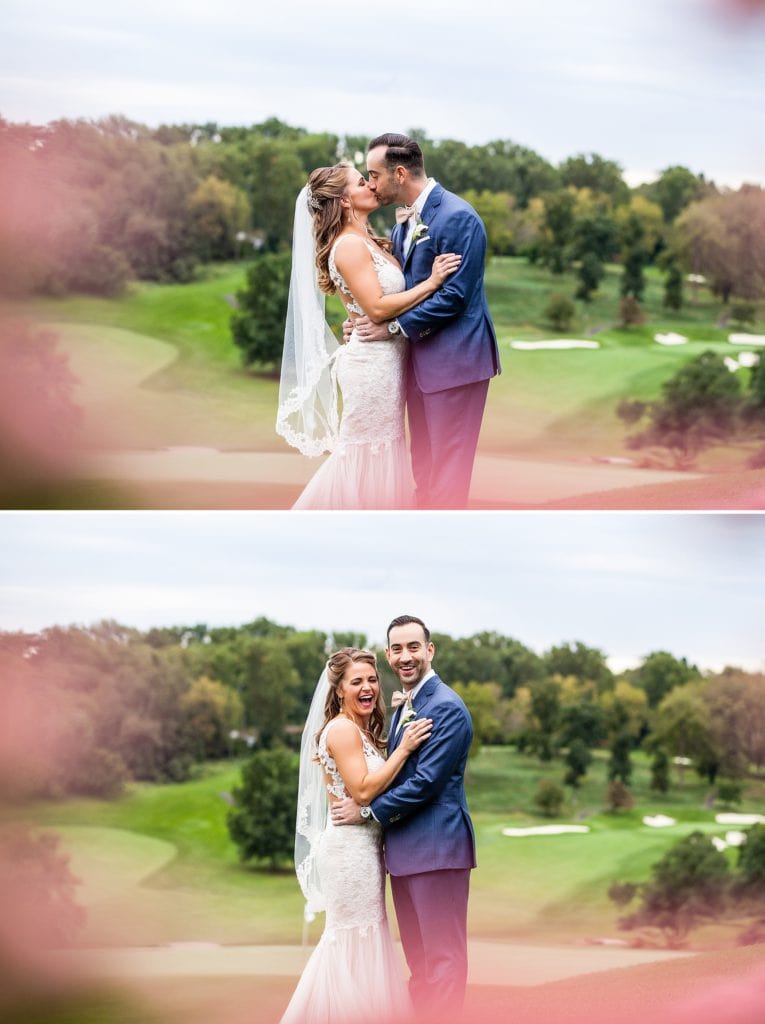 Bride & groom embrace & laugh on the golf course at Huntingdon Valley Country Club