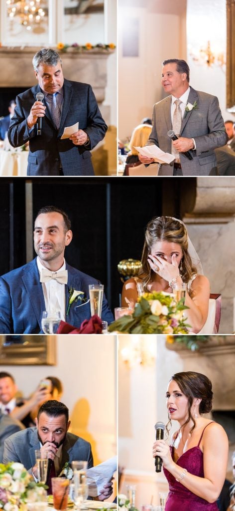 Groom smiles & bride cries as their friends & family toast them.