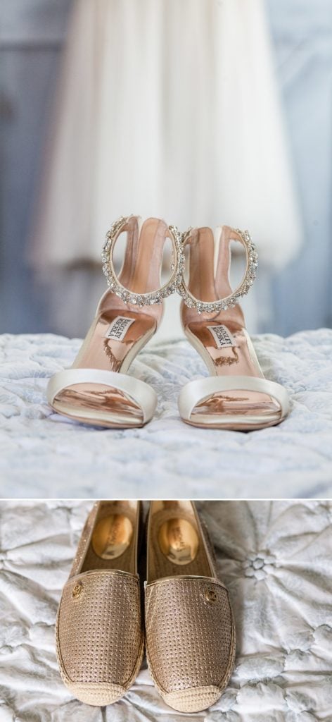 Two pairs of brides shoes, high-heeled Badgley Mischka shoes and Michael Kors loafers