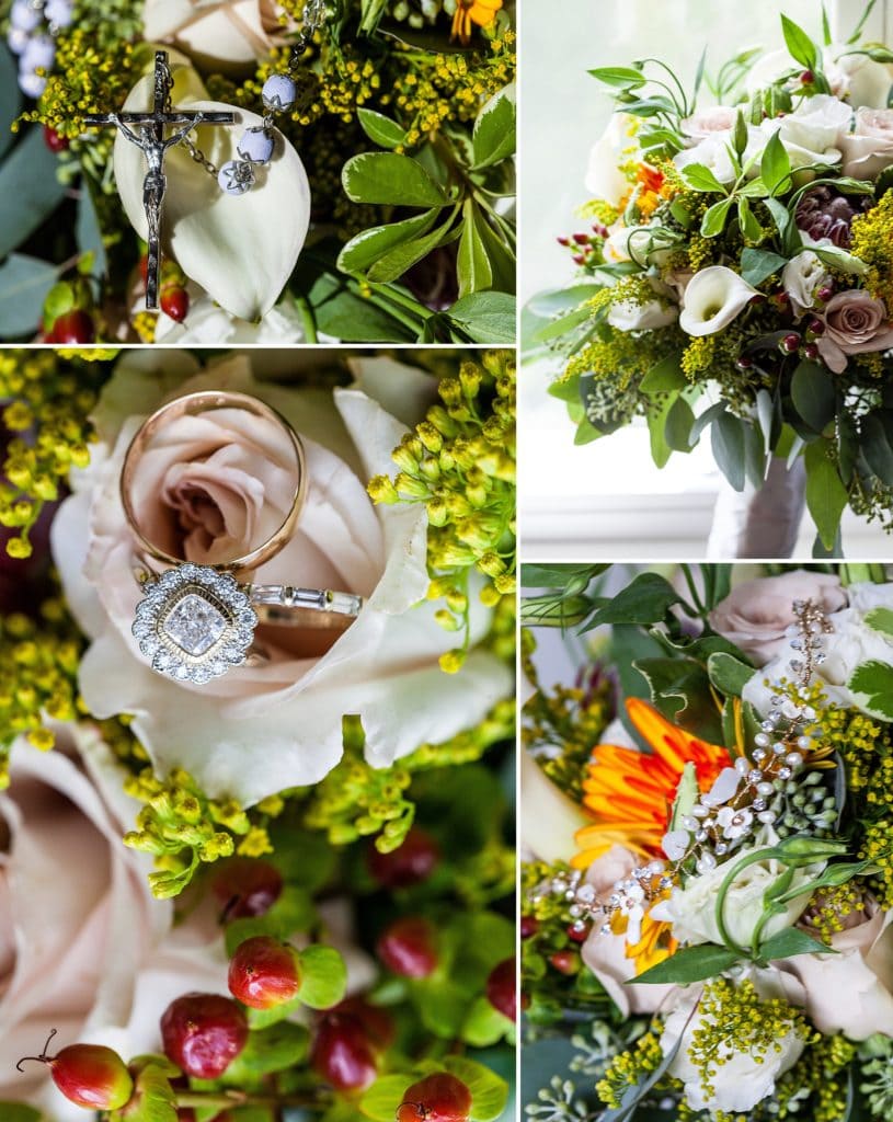 Wedding rings and bridal bracelet on a colorful rose bouquet