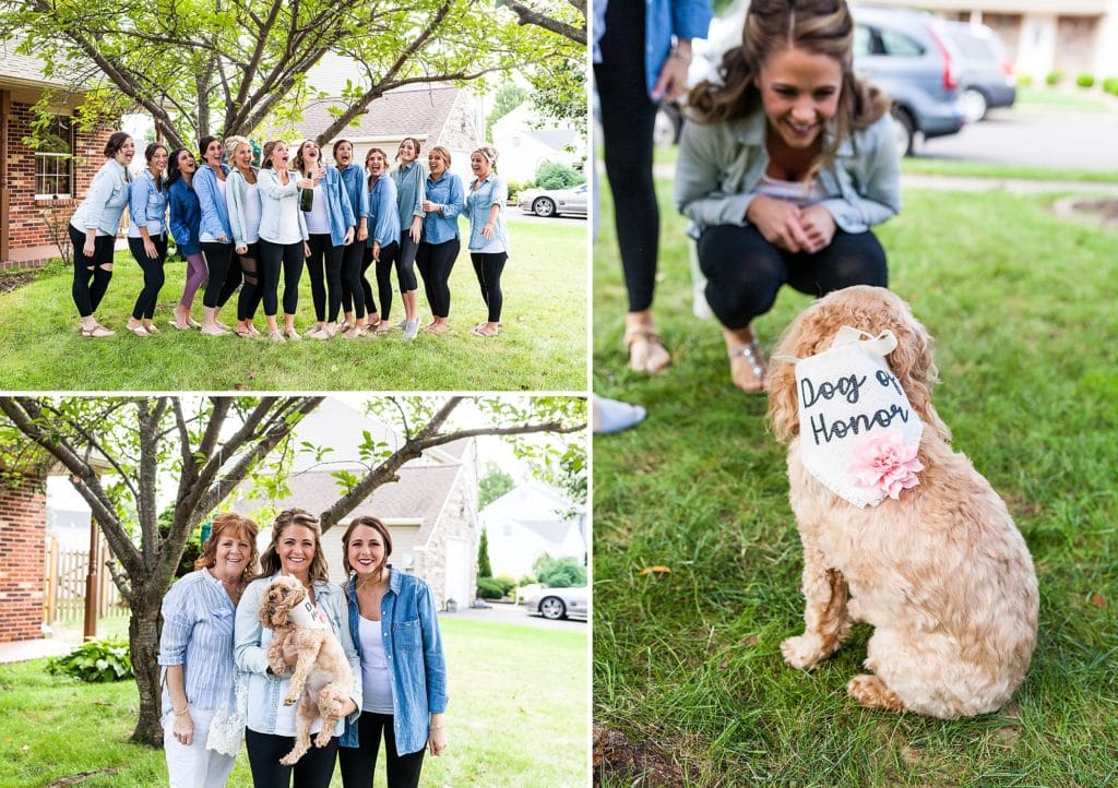 Bride pops champagne with her bridesmaids and embraces her dog of honor