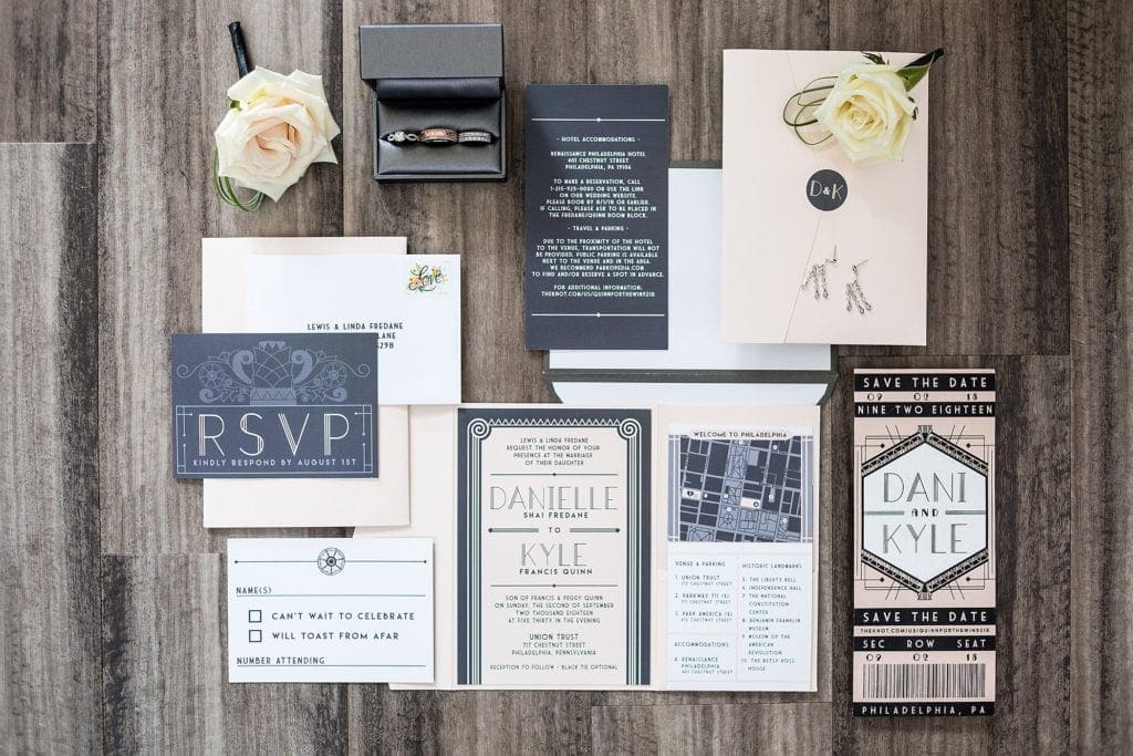 invitation suite, wedding day details, art deco inspired wedding, gatsby inspired wedding