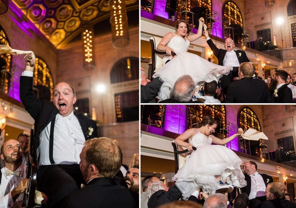Hora, Jewish wedding, groom in chair, bride in chair