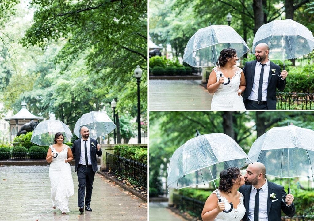 outdoor wedding portraits, bride and groom, clear umbrellas, rainy wedding day inspiration