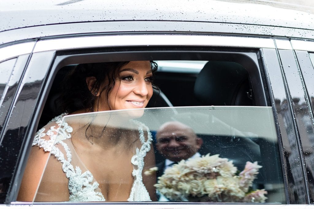 bride in rolls royce, father of the bride, reflection