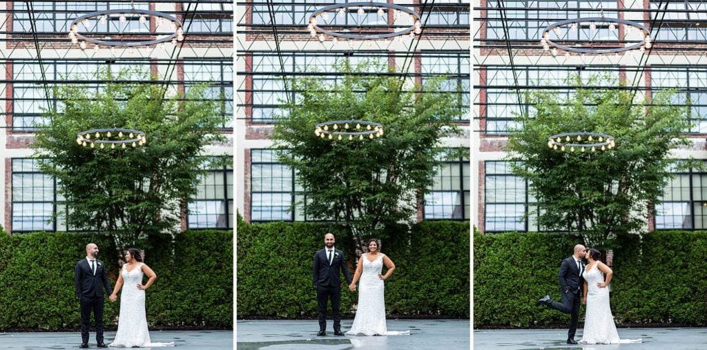 outdoor portraits, fun wedding portraits, bride and groom, groom kicking up heels