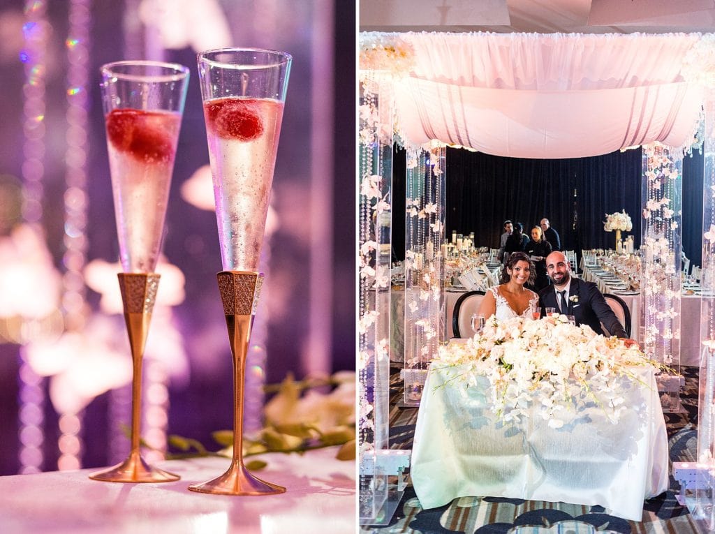 champagne flutes, sweetheart table, orchids