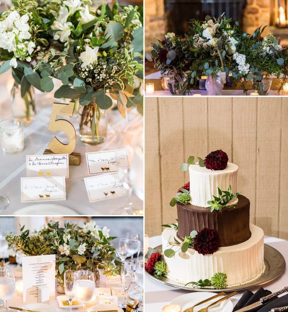 Details from a John James Audubon Center wedding embraced the rustic nature of the venue with a three tiered vanilla buttercream and chocolate buttercream wedding cake and lots of lush greenery to decorate the tables.