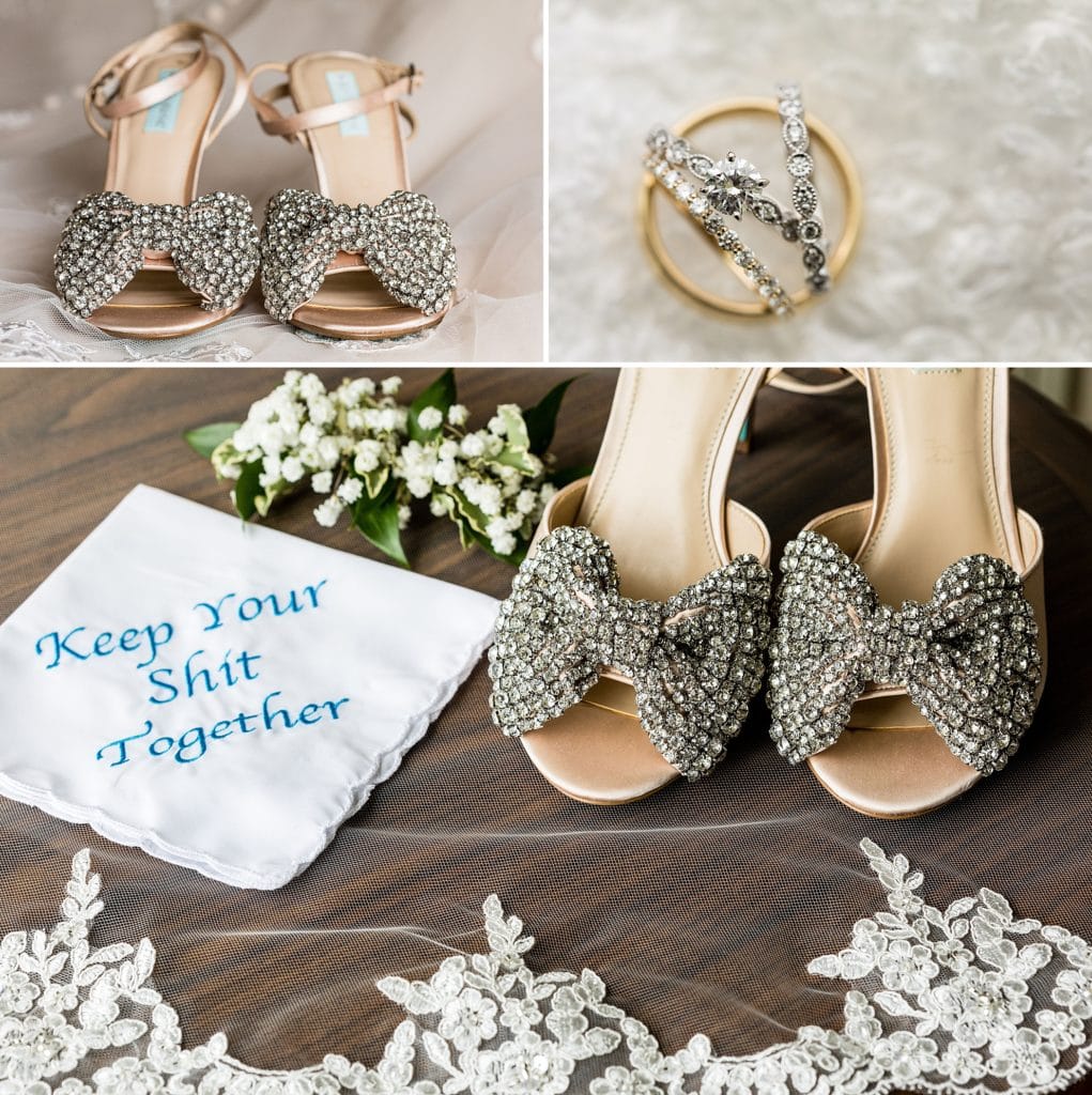 Betsey Johnson wedding shoes with a custom handkerchief that says "Keep your shit together"