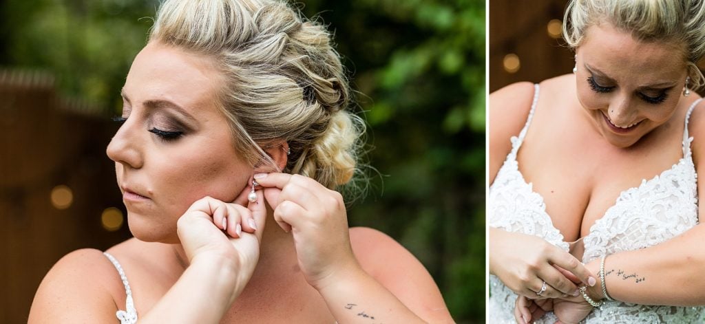 Bride puts her earrings in and bracelet on her wrist before her Audubon Center wedding