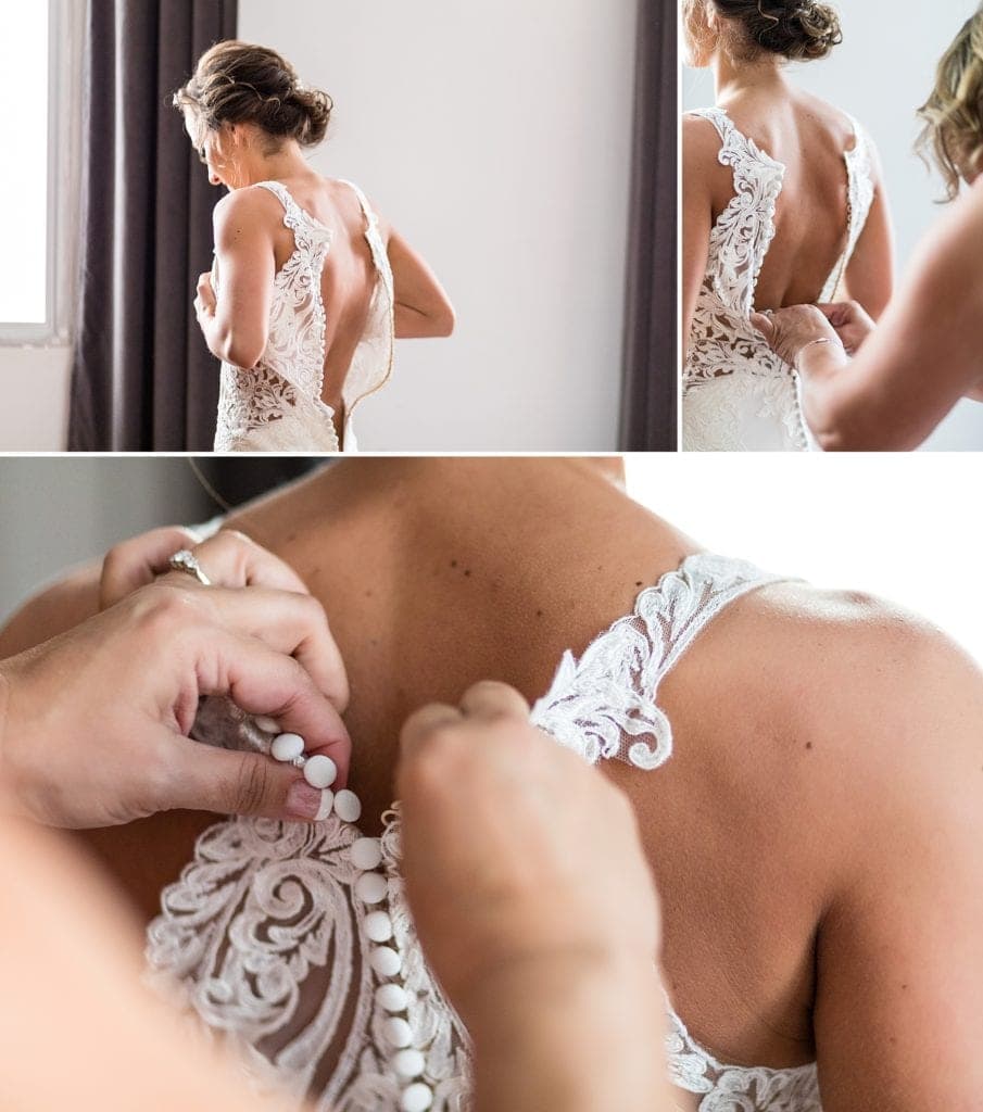 Bride, bride prep, wedding dress, lace wedding dress, putting on wedding dress