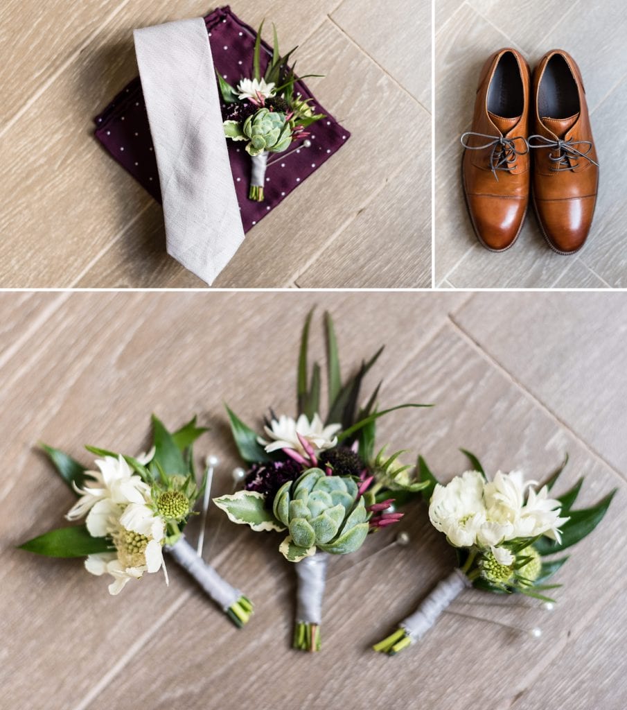 Skinny grey tie, burgundy handkerchief, Brown dress shoes, succulent boutonniere