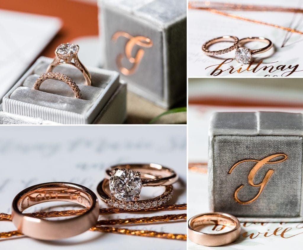 Custom engraved rose gold wedding rings by L Priori Jewelry in a velvet grey monogrammed Mrs Box