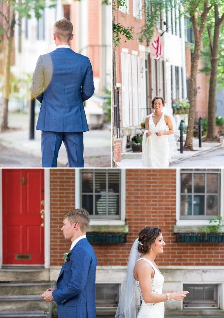 Bride & Groom coming to each other for their first look on Addison St in Philadelphia