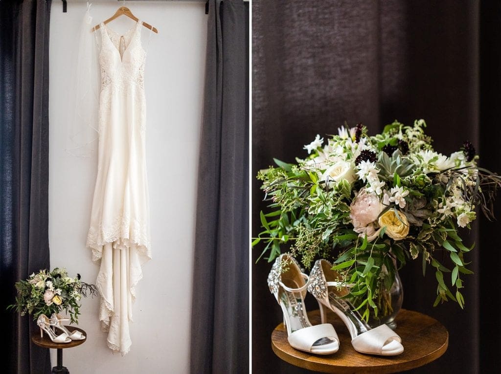 BHLDN Wedding dress, Badgley Mischka shoes and bridal bouquet by Devon and Pinkett