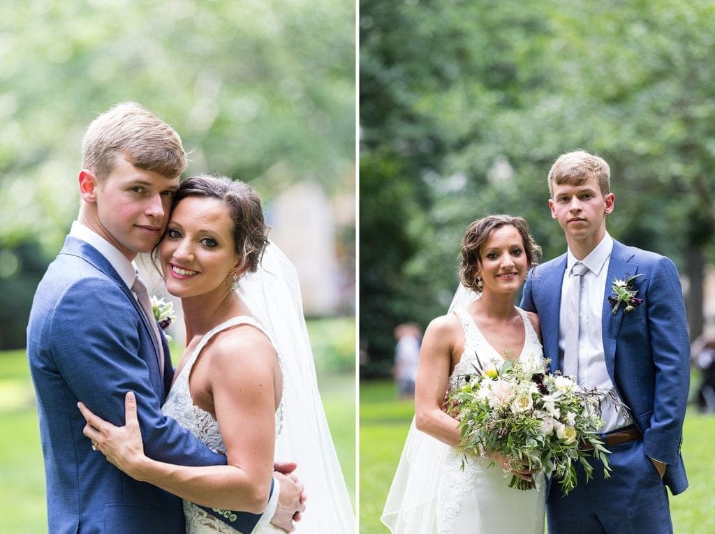 Bride & groom pose in Rittenhouse Square for their wedding portraits before their Kimmel Center wedding