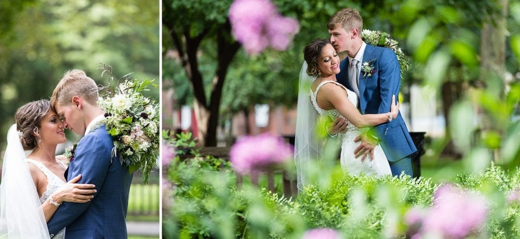 Bride & groom pose in Rittenhouse Square for their wedding portraits before their Kimmel Center wedding