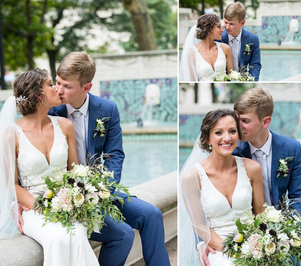 Bride & Groom embrace alongside the blue tiled fountain at Rittenhouse Square with florals from Devon & Pinkett