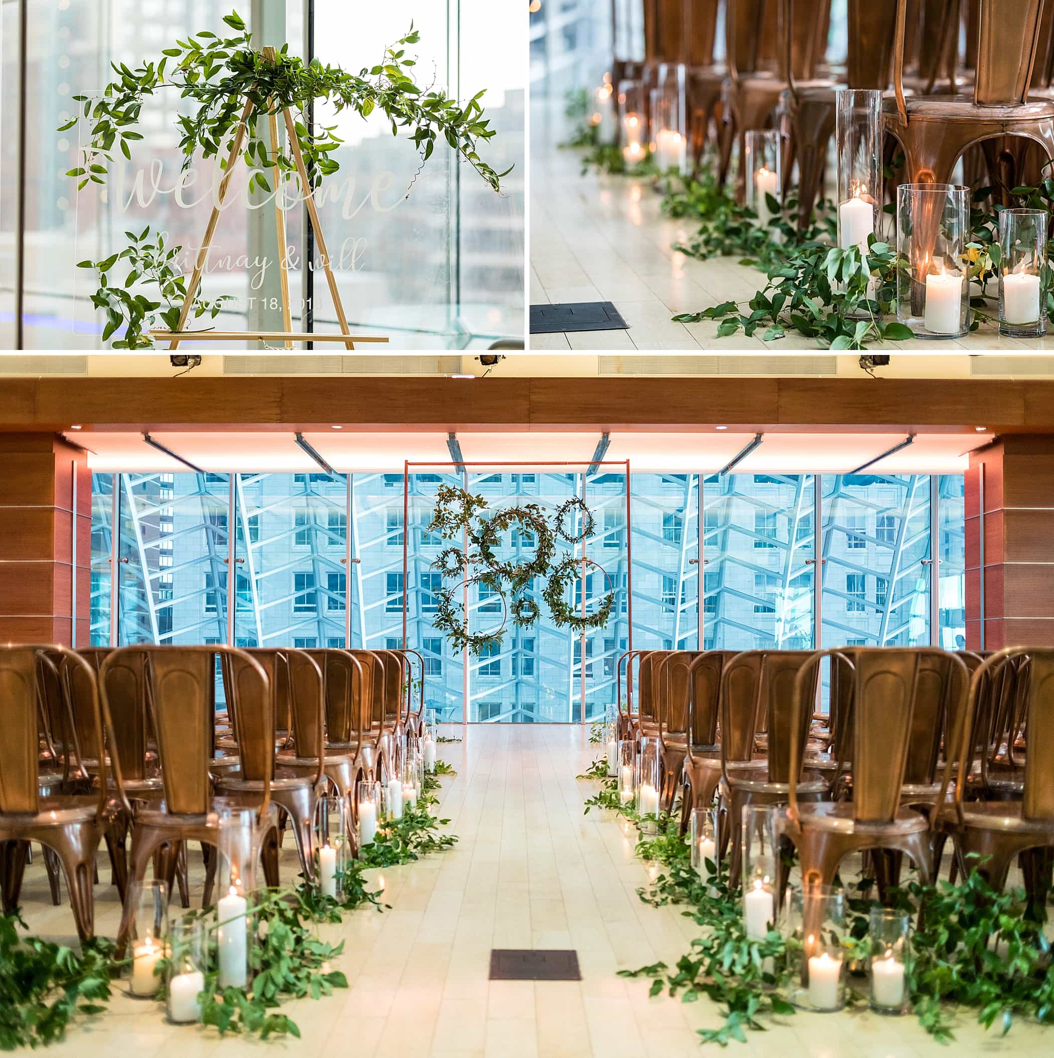 Copper & Glass wedding ceremony details with loose greenery and white candles in hurricanes