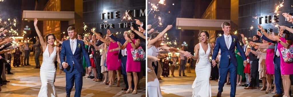 Bride & groom run through a sparkler exit along Broad St in front of their Kimmel Center Wedding
