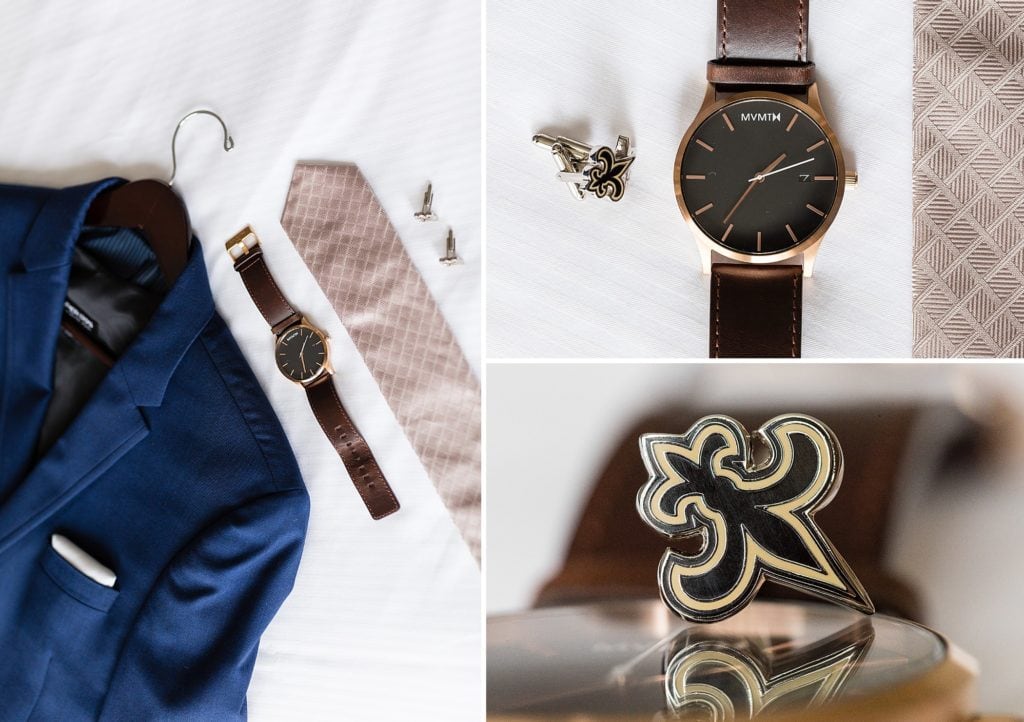 Details of groom's watch, tie, cufflinks, and suit