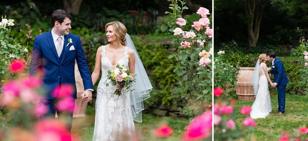Bride & Groom in the rose gardens during their Morris Arboretum wedding