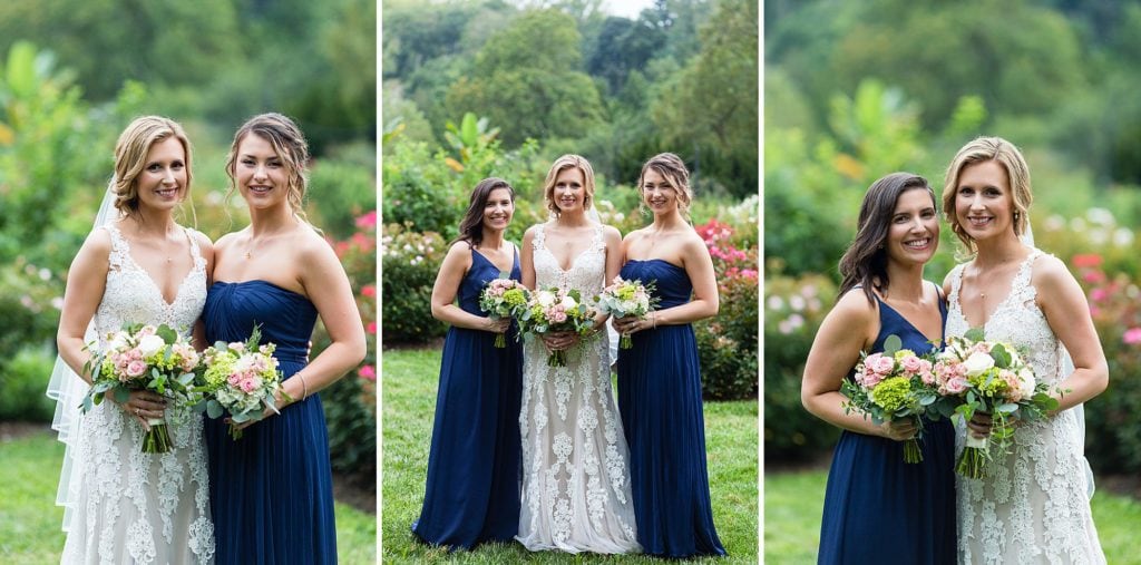 Portraits of a wedding party dressed in royal blue in the rose gardens of Morris Arboretum