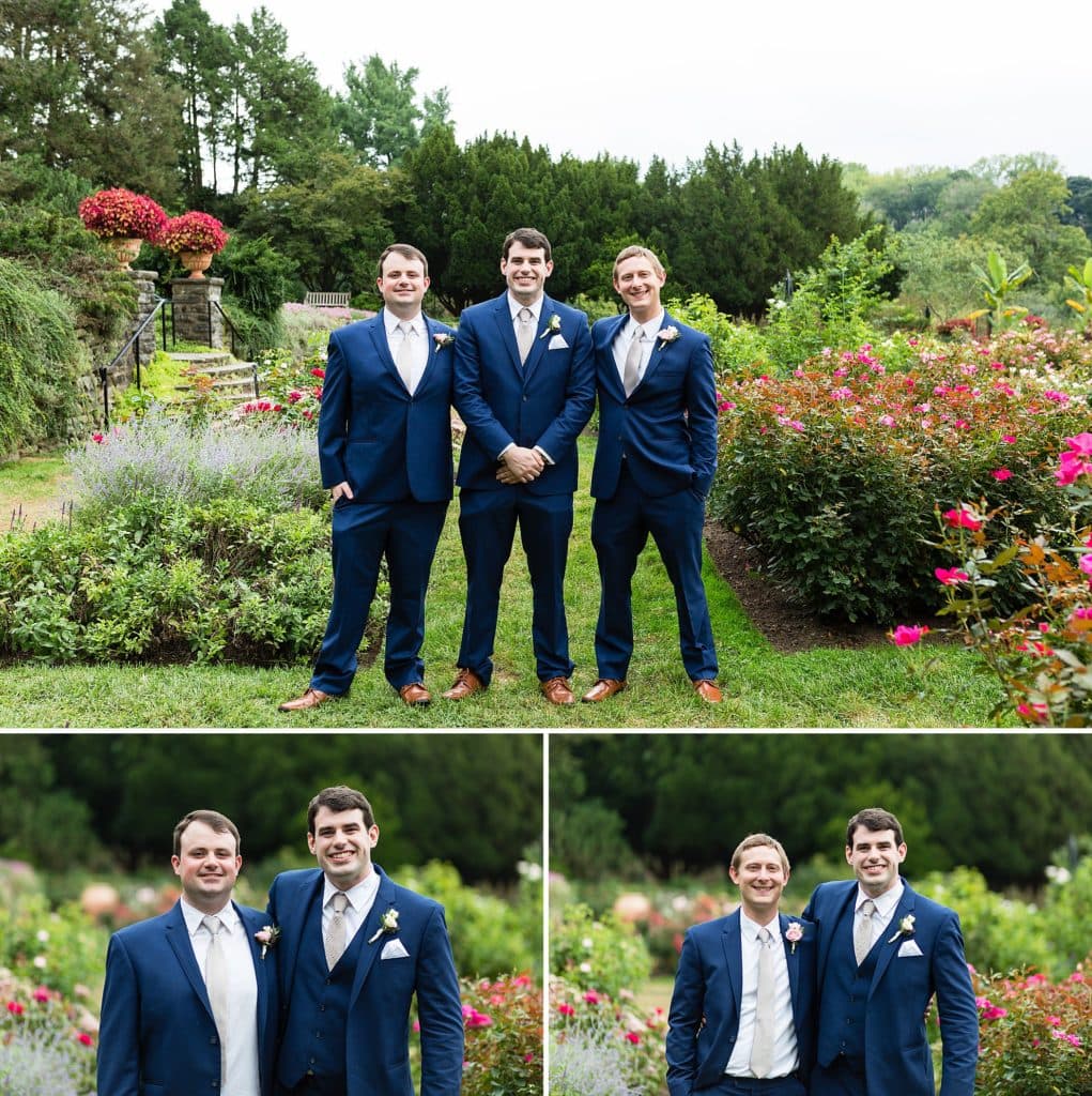 Portraits of a wedding party dressed in royal blue in the rose gardens of Morris Arboretum