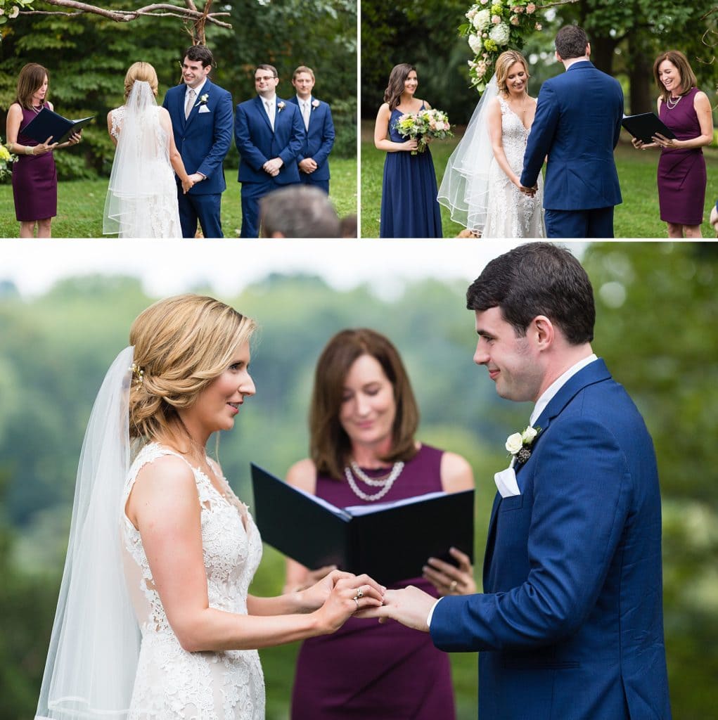 Bride & Groom exchange vows and rings during their Morris Arboretum wedding ceremony