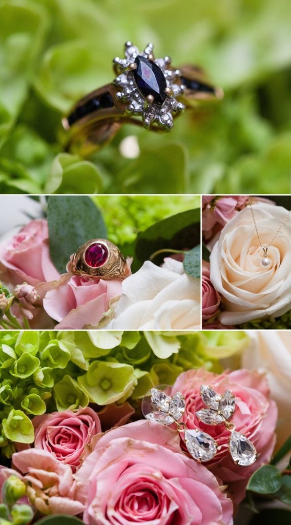 wedding jewelry on a bouquet of pink roses