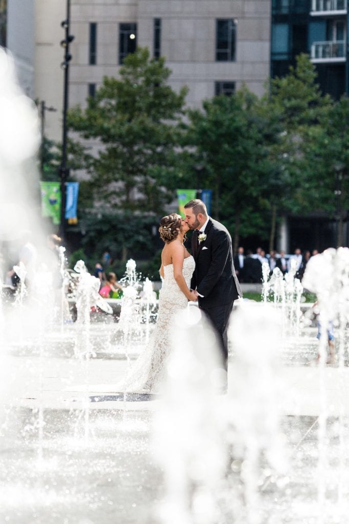 outdoor wedding portrait, city hall philadelphia, water fountain, unique wedding portrait