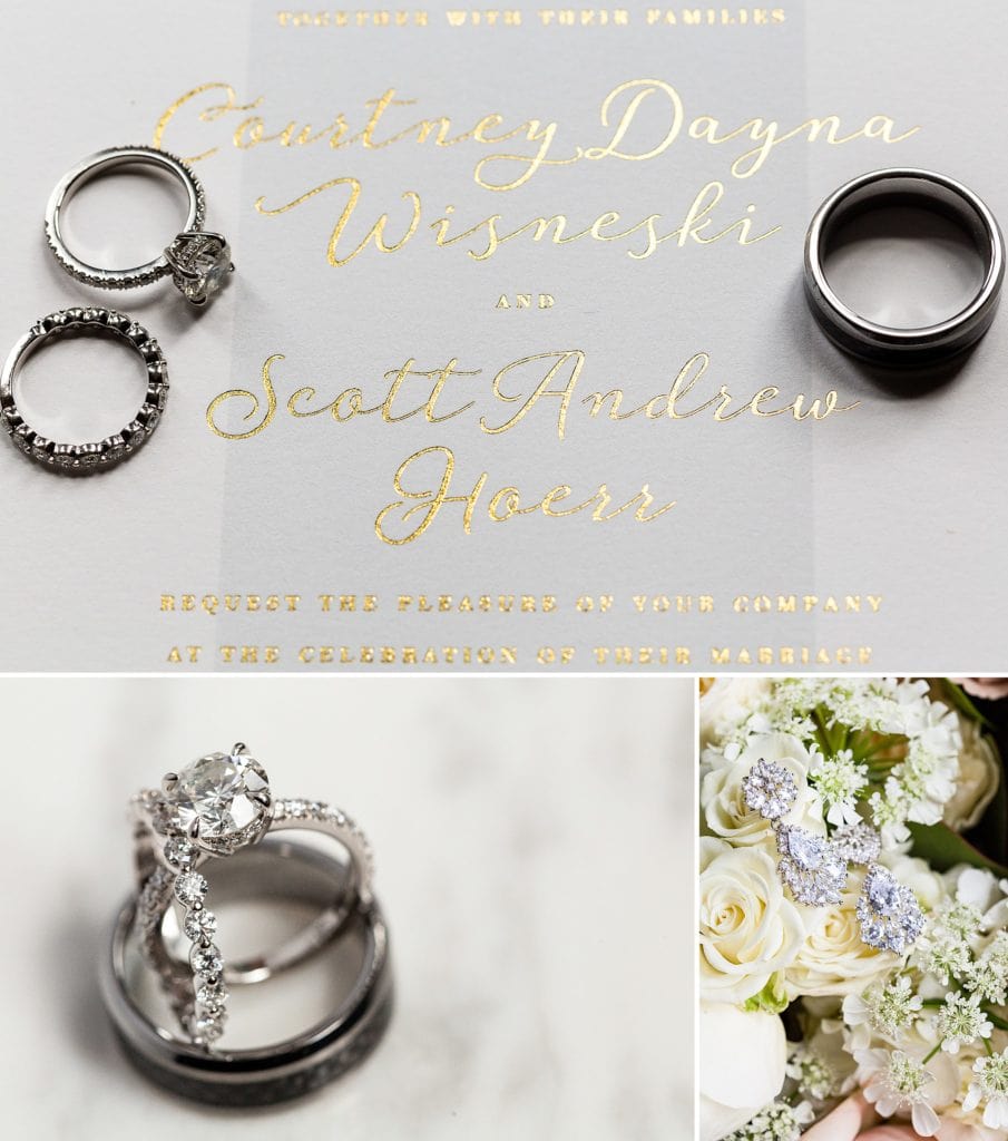 gold foil wedding invitation, wedding invitation, wedding rings, details, earrings
