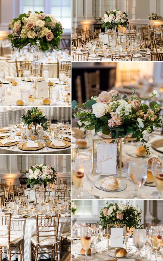 wedding reception details, centerpieces, picture frame table numbers, maura rose floral design, le meridien hotel philadelphia