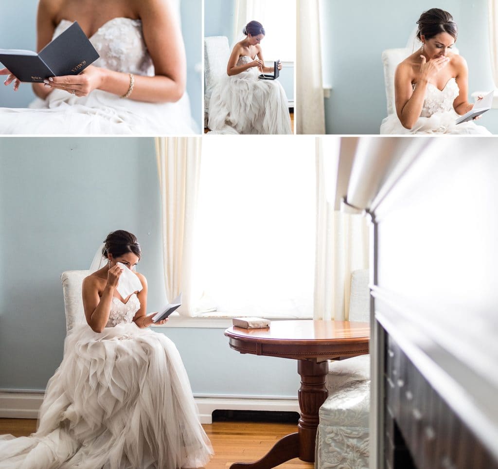 bride cries as she reads her groom's vows