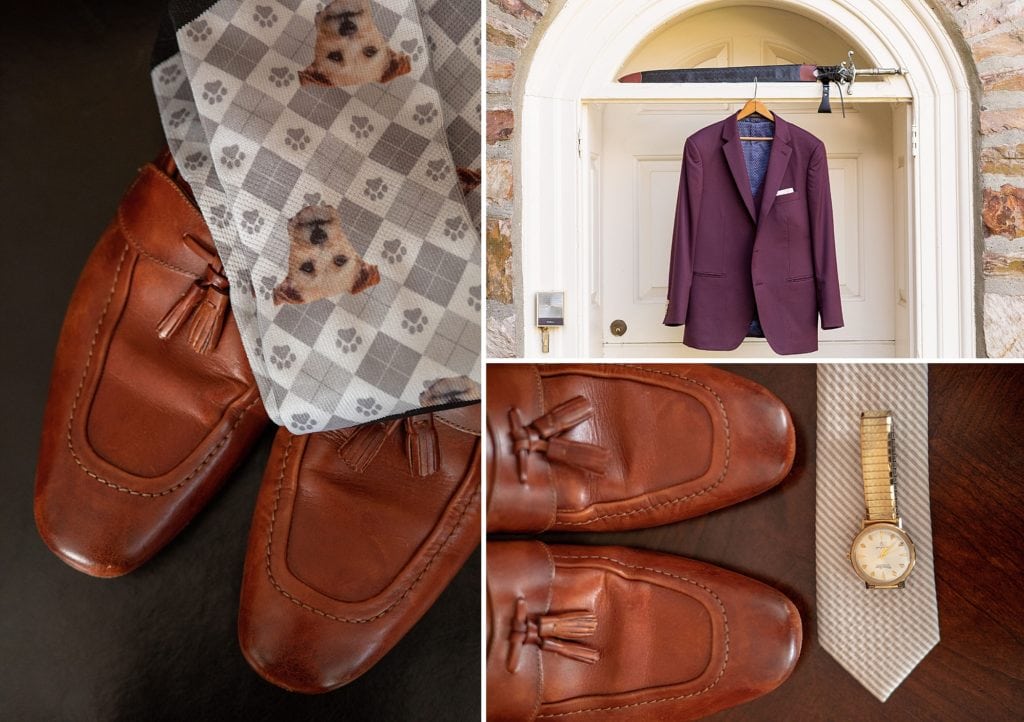 Burgundy indochino groom's suit, vintage gold watch, and custom socks with dog's face