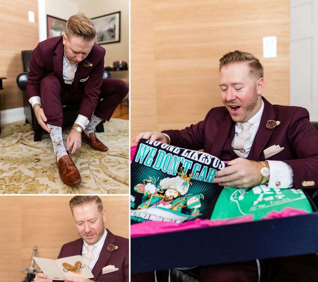 groom getting ready and opening a gift from his bride