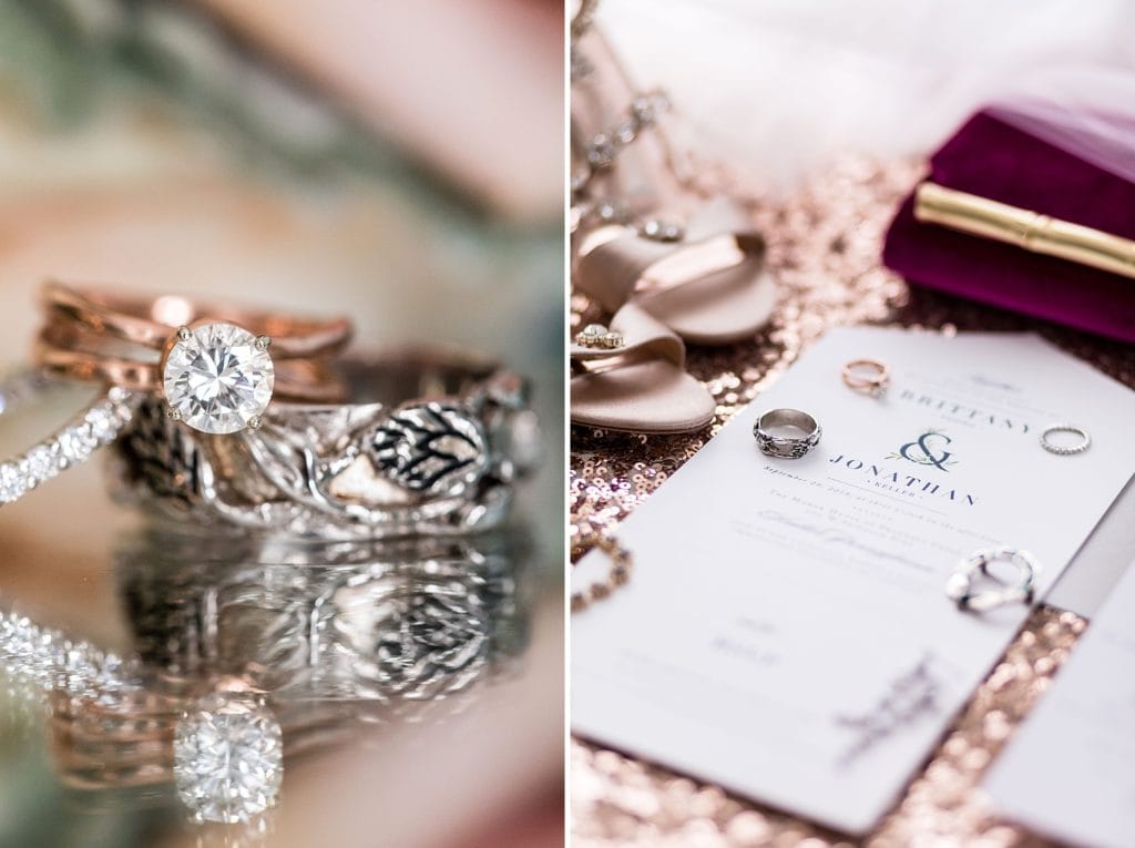 Solitaire engagement ring & engraved wedding bands with navy & white wedding invitation inspiration
