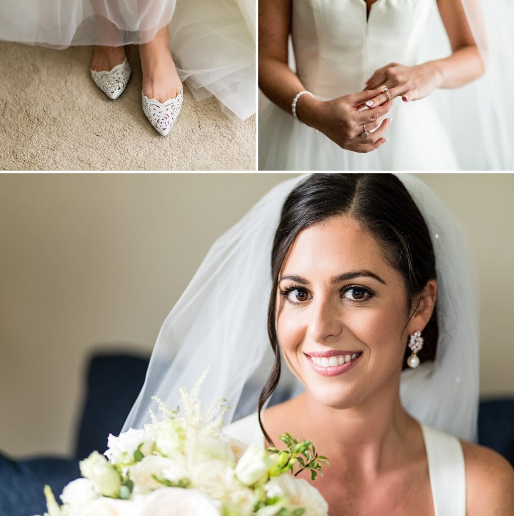 Bride puts on final details and poses for a portrait
