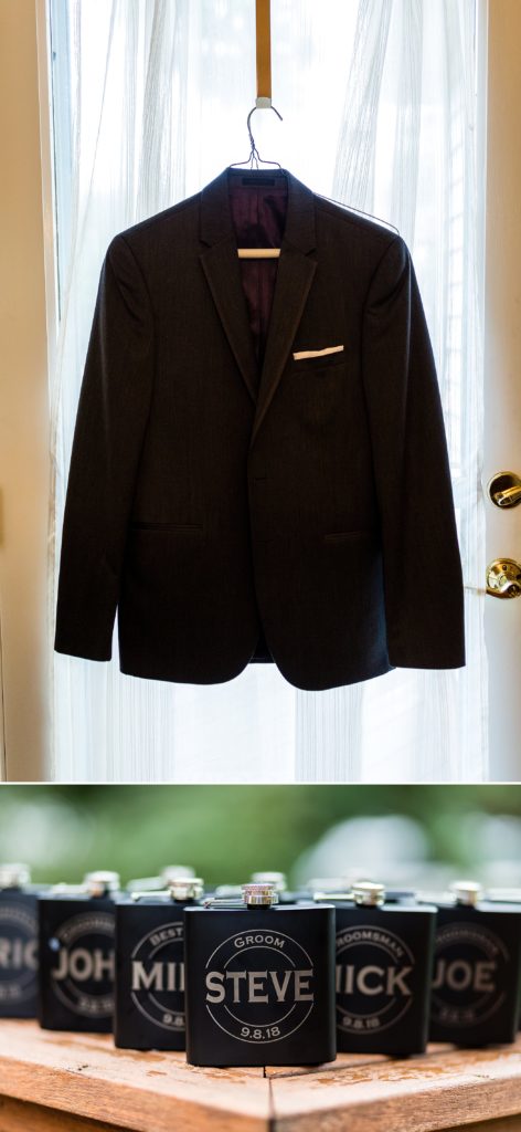 Groom's suit & Custom flasks