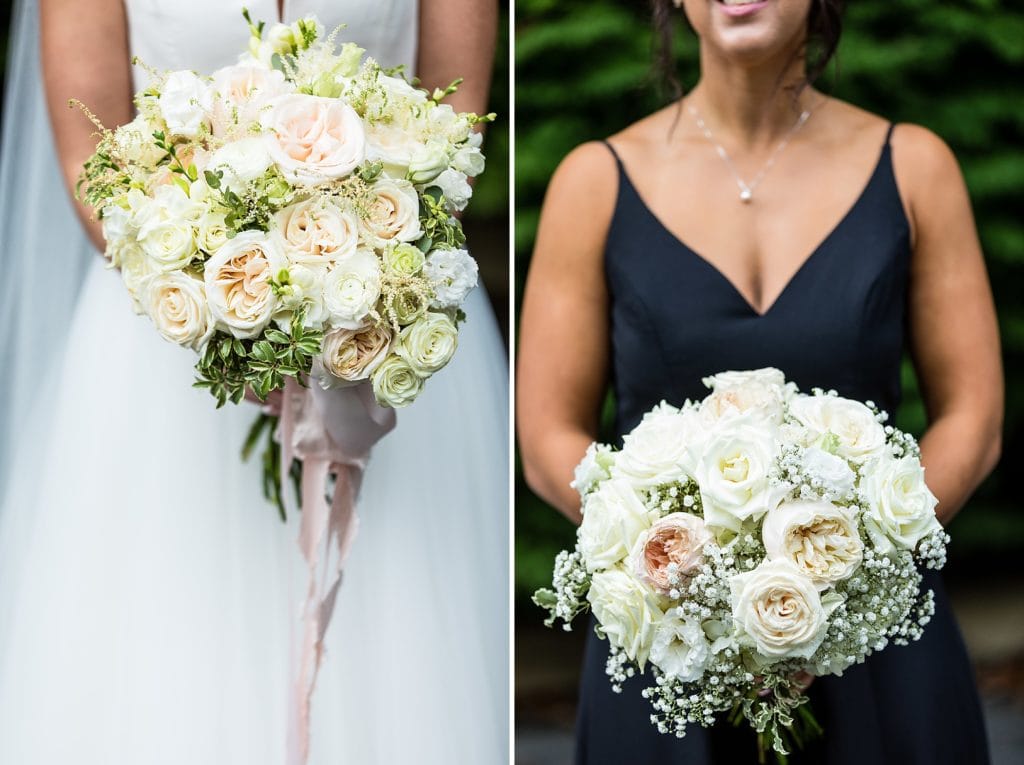 Rose bouquet with silk ribbons in front of a wedding dress and a bridesmaids dress