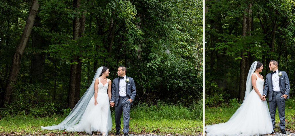 Bride & groom smile and walk together hand in hand before their Mendenhall Inn wedding