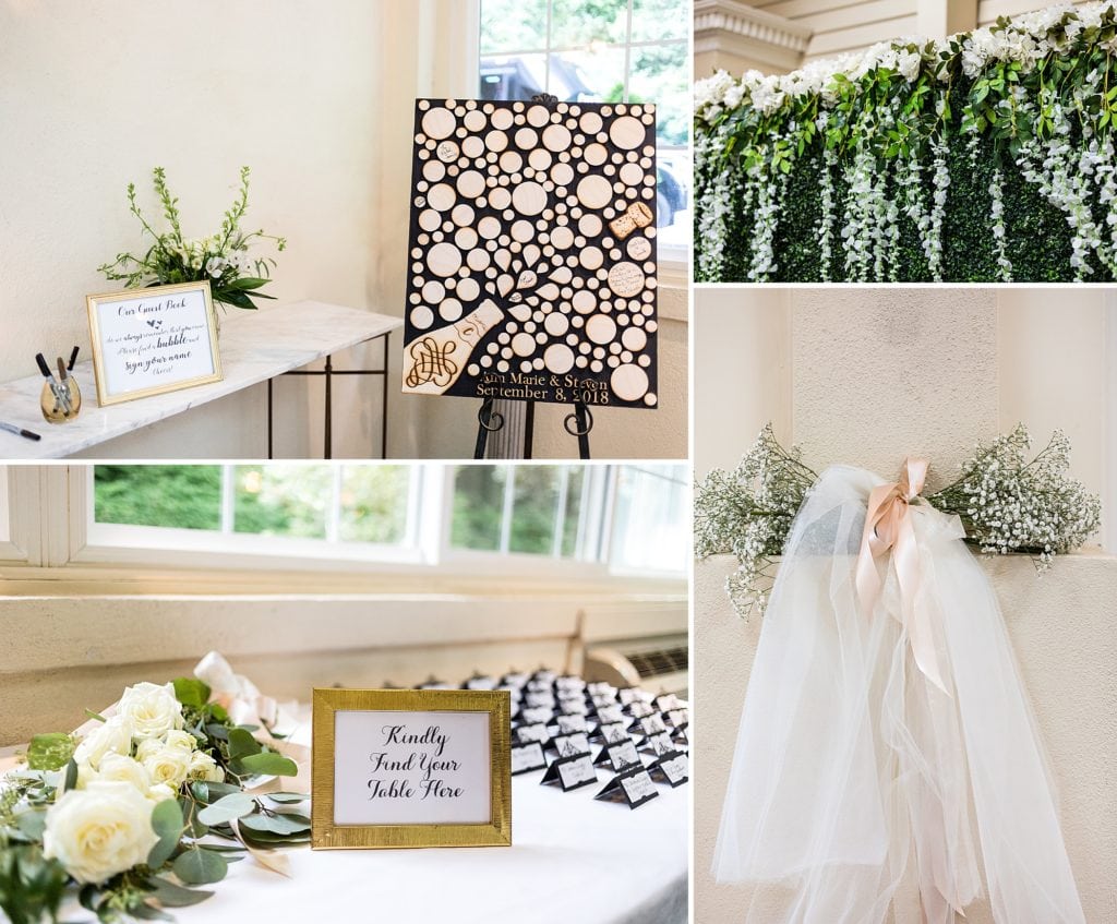 Reception details for a Mendenhall Inn wedding included a flower wall and a wooden sign in chart