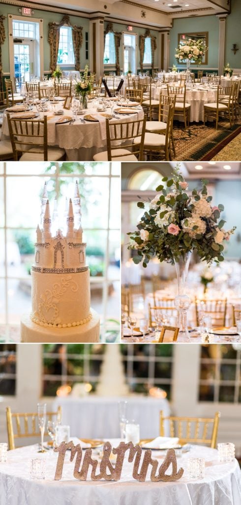 Reception details for a Mendenhall Inn wedding included a castle cake topper, tall floral centerpieces, and wooden script Mr & Mrs sign