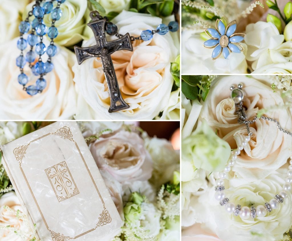 Bridal details on a white rose bouquet